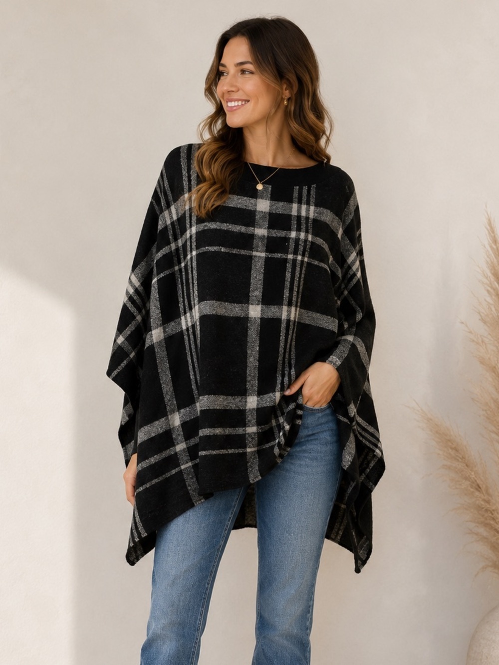 Plaid Poncho Wrap Black Gray Oversized Shawl Cozy Preppy One Size A New Day